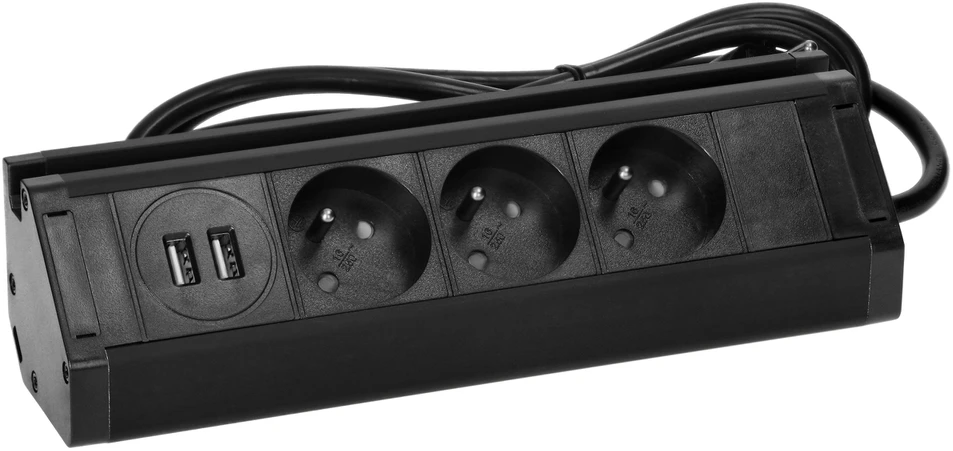 Orno Potrójne Triguba baldų rozetė su telefono laikikliu, USB įkrovikliu ir 1,5 m laidu, 3x2P+Z, 2xUSB (A tipo, 2,4A), juoda