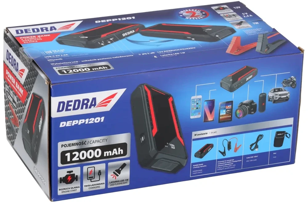 Dedra Powerbank Įkroviklis su variklio užvedimo funkcija, 12000 mAh, LCD ekranas