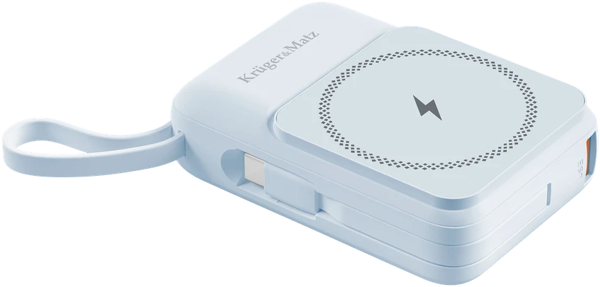 POWER BANK indukcinis Kruger & Matz 10000 mAh Mag Safe su mėlynu kabeliu