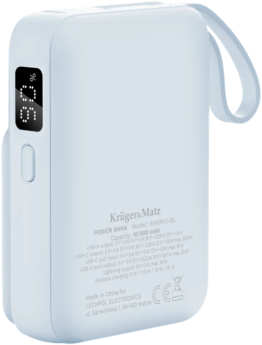 POWER BANK indukcinis Kruger & Matz 10000 mAh Mag Safe su mėlynu kabeliu