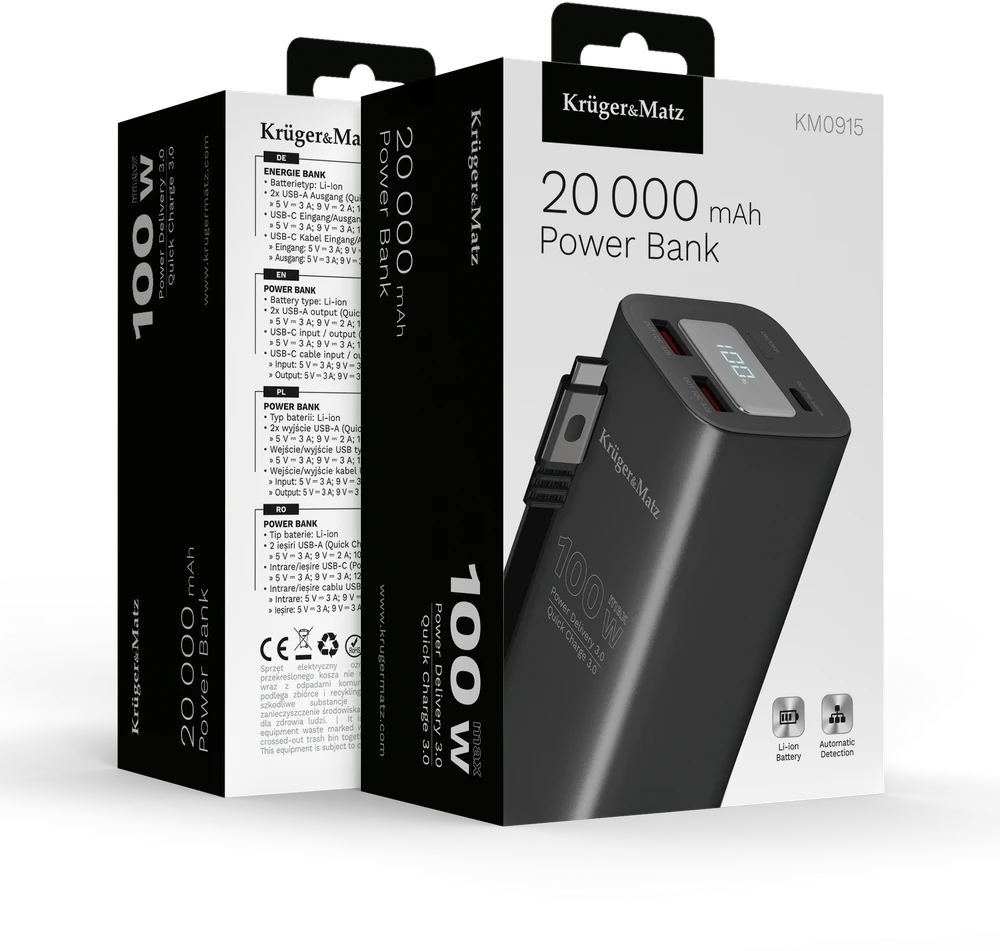 Kruger & Matz PowerBank KrugerMatz 20000 mAh ličio jonų išorinė baterija su QC ir PD funkcijomis