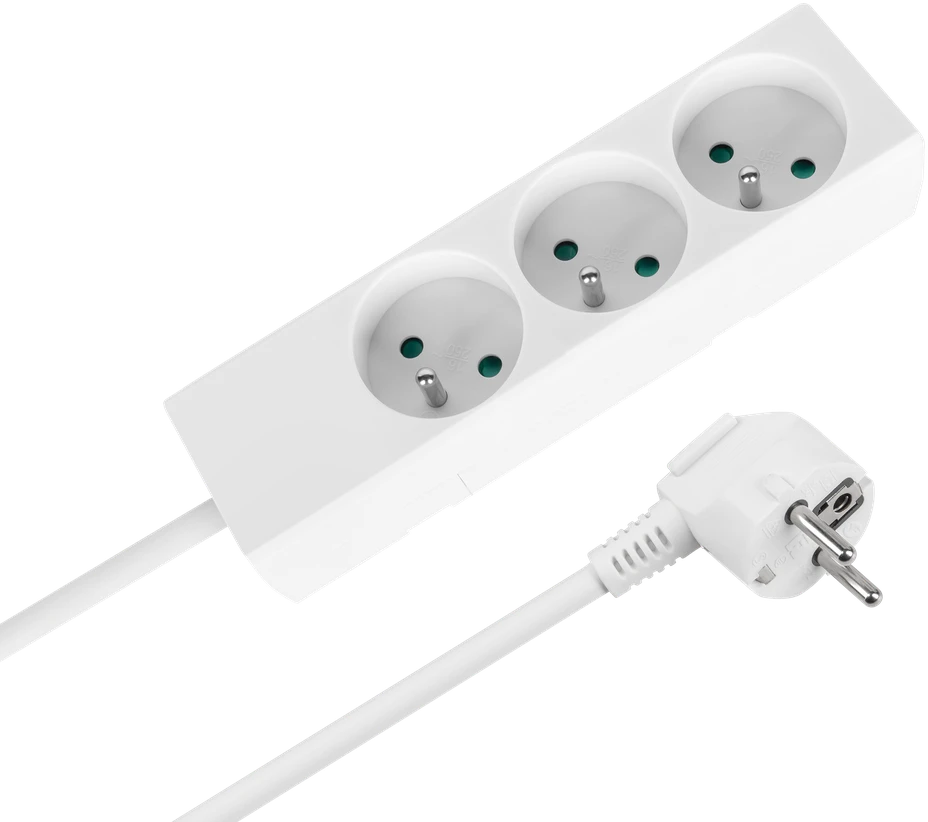 Przedłużacz Prailgintuvas, 3 lizdai, 2 m, prancūziško tipo, be jungiklio (3x1,5 mm), Rebel baltas