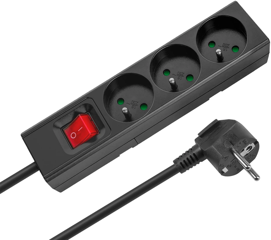 Przedłużacz Prailgintuvas, 3 lizdai, 2 m, prancūziško tipo, su jungikliu (3x1,5 mm), Rebel juodas