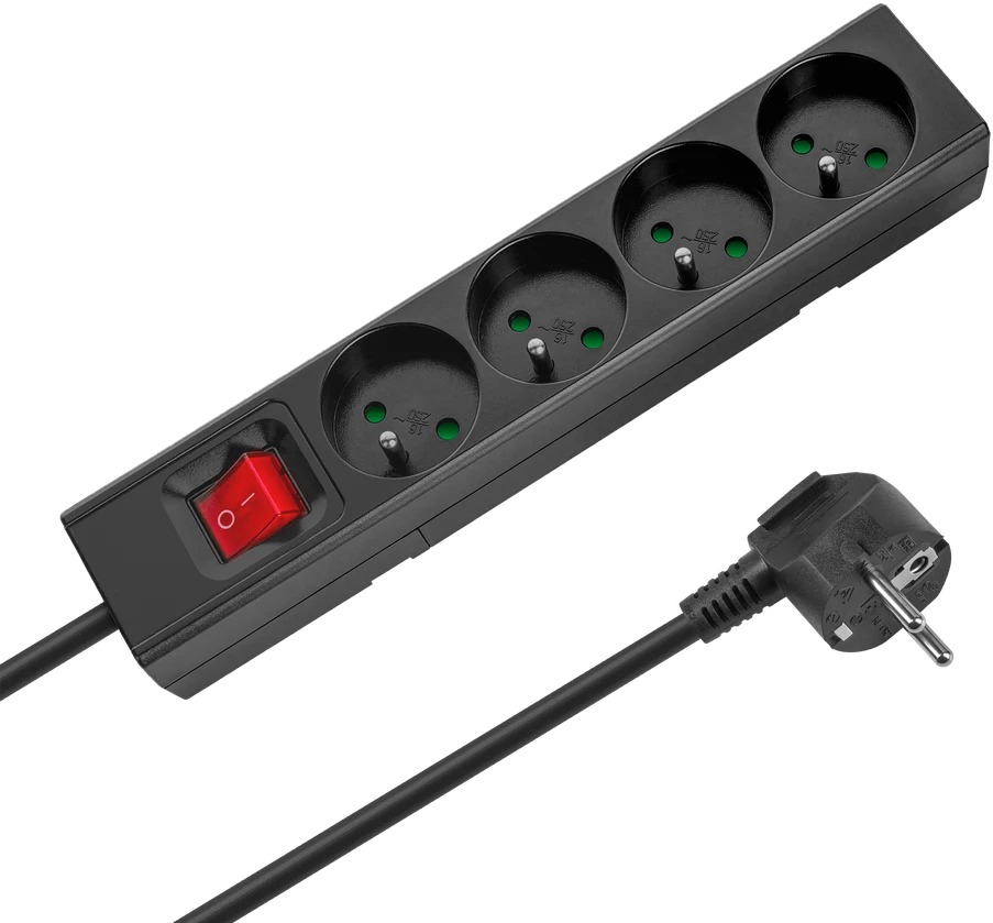 Przedłużacz Prailgintuvas, 4 lizdai, 2 m, prancūziško tipo, su jungikliu (3x1,5 mm), Rebel juodas