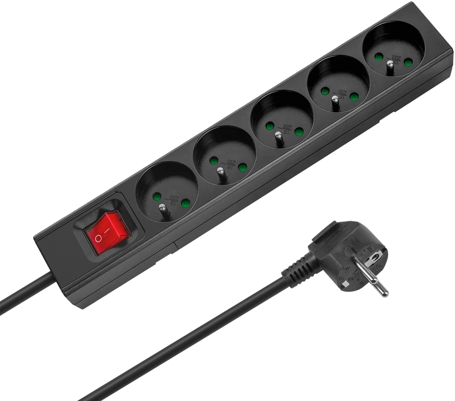 Przedłużacz Prailgintuvas, 5 lizdų, 2 m, prancūziško tipo, su jungikliu (3x1,5 mm), Rebel juodas