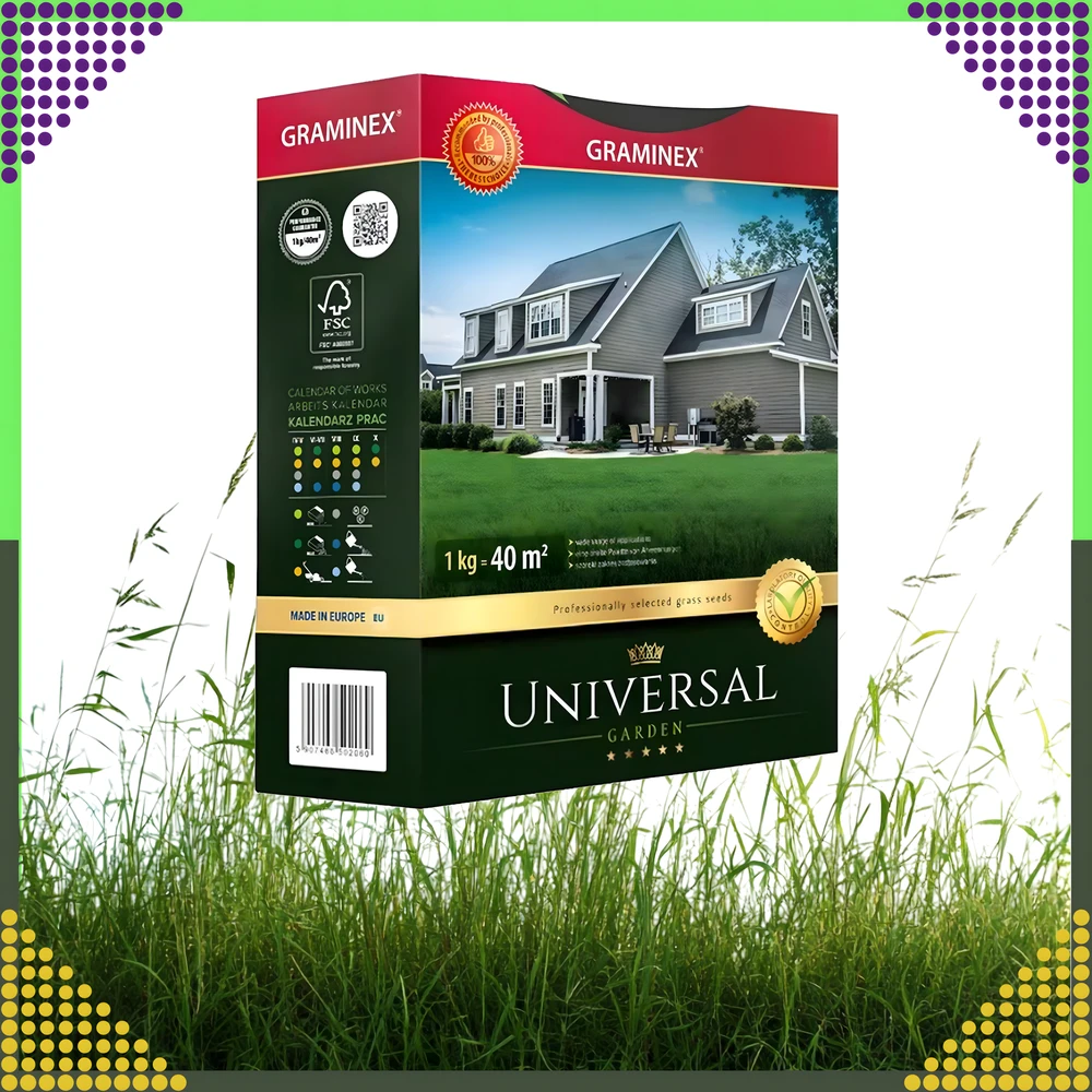 Premium Aukščiausios kokybės žolių sėklos UNIVERSAL universalus mišinys 1kg 40 m atsparios