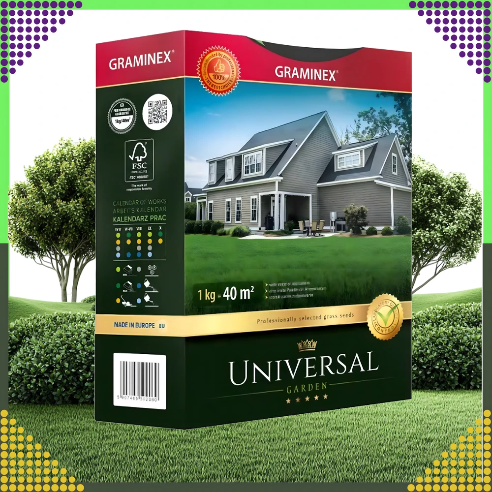 Premium Aukščiausios kokybės žolių sėklos UNIVERSAL universalus mišinys 1kg 40 m atsparios