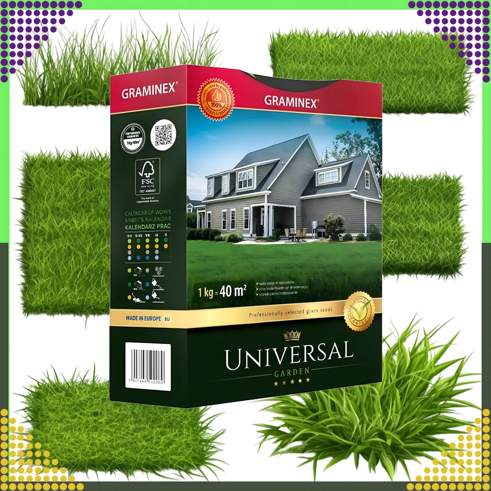 Premium Aukščiausios kokybės žolių sėklos UNIVERSAL universalus mišinys 1kg 40 m atsparios