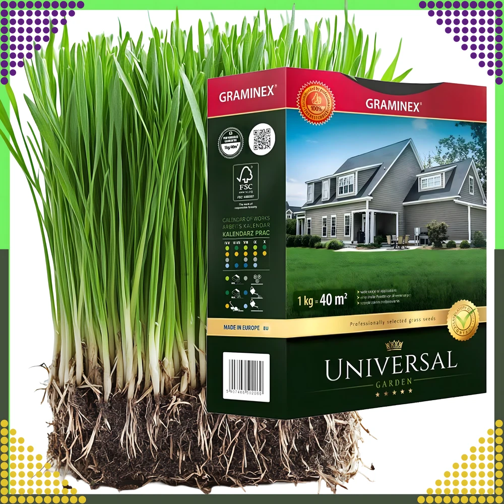 Premium Aukščiausios kokybės žolių sėklos UNIVERSAL universalus mišinys 1kg 40 m atsparios