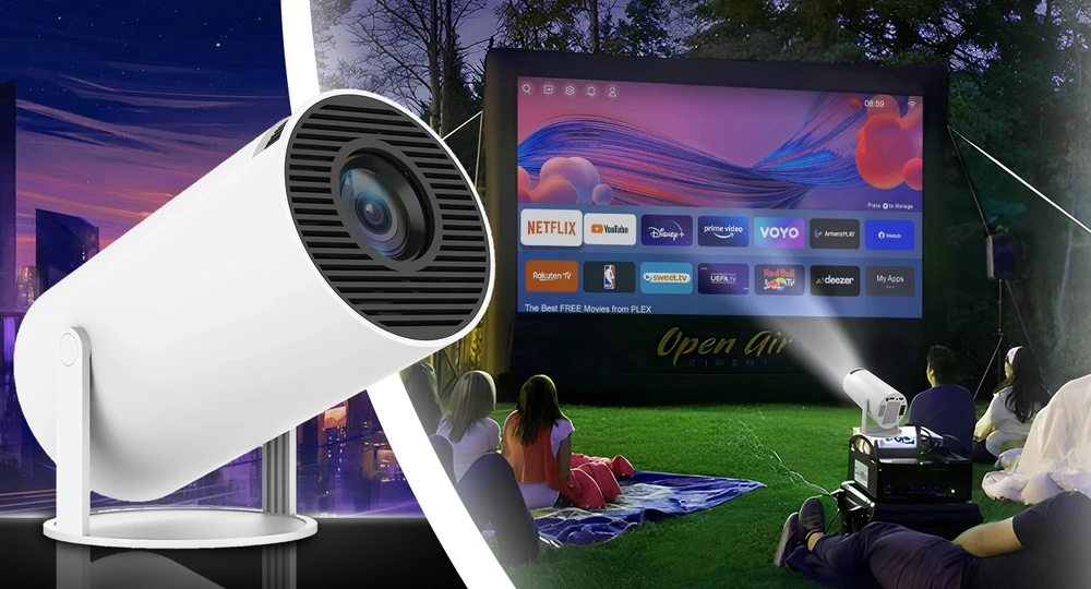 Projektorius „Android TV Wi-Fi Full HD“ nešiojamas išmanusis rotacinis garsiakalbis