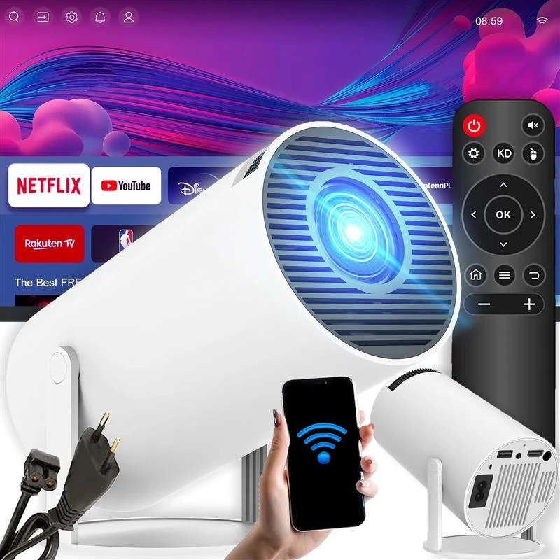 Projektorius „Android TV Wi-Fi Full HD“ nešiojamas išmanusis rotacinis garsiakalbis