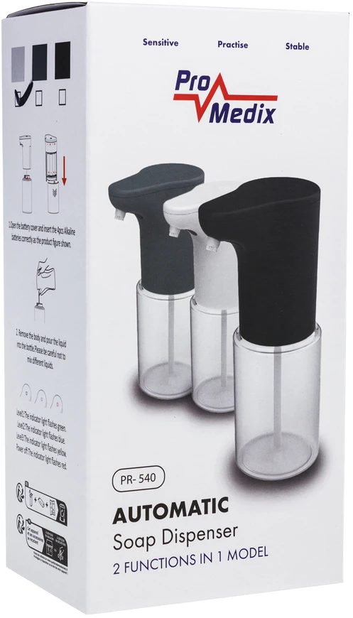 Promedix automatic dispenser, dispenser container for liquid soaps, disinfectant liquids, 300ml, 4xAA, baltas, PR-540 W
