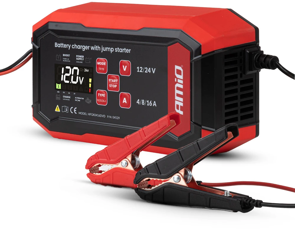 Akumuliatoriaus įkroviklis su užvedimo funkcija AGM/GEL/STD/LiFePo4 MAX 16A 12/24V PRO AMIO-04529