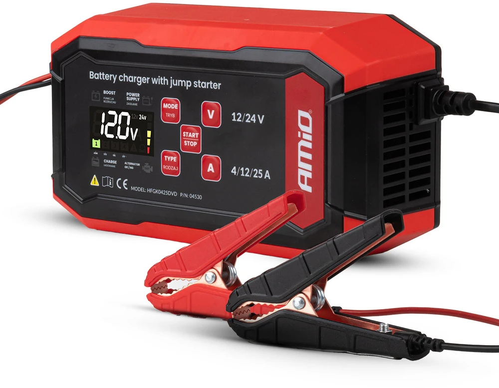 Akumuliatoriaus įkroviklis su užvedimo funkcija AGM/GEL/STD/LiFePo4 MAX 25A 12/24V PRO AMIO-04530