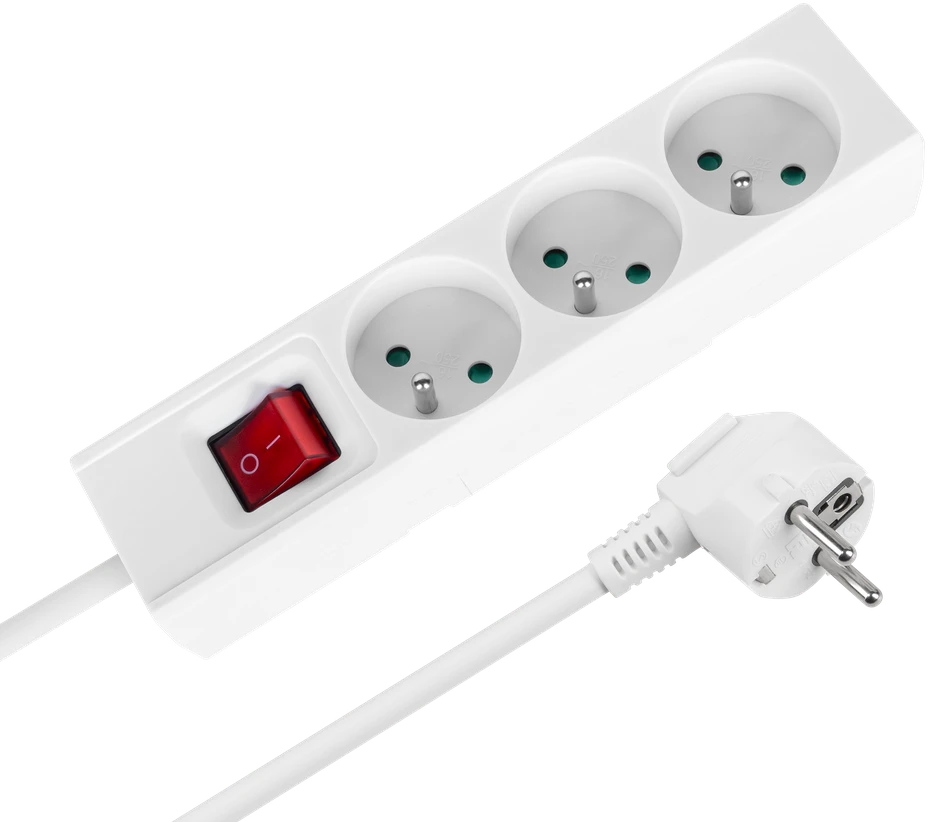 Przedłużacz Prailgintuvas, 3 lizdai, 2 m, prancūziško tipo, su jungikliu (3x1,5 mm), Rebel baltas