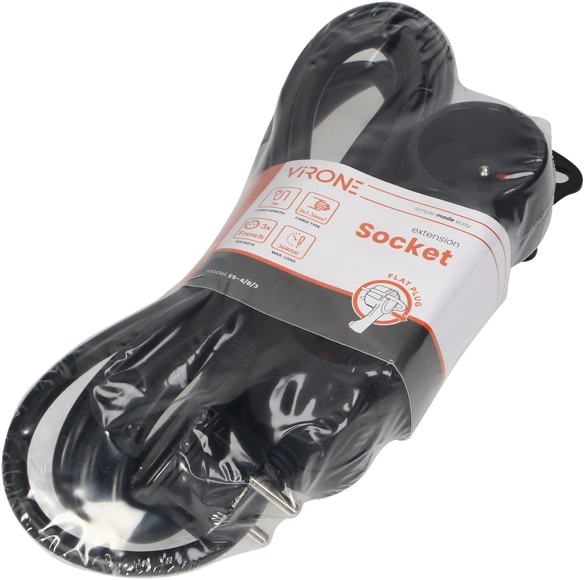 Orno Przedłużacz 3 krypčių prailgintuvas 2P+Z, 3m H05VV-F 3x1.5mm2, Imax=16A, plokščias kištukas, juodas