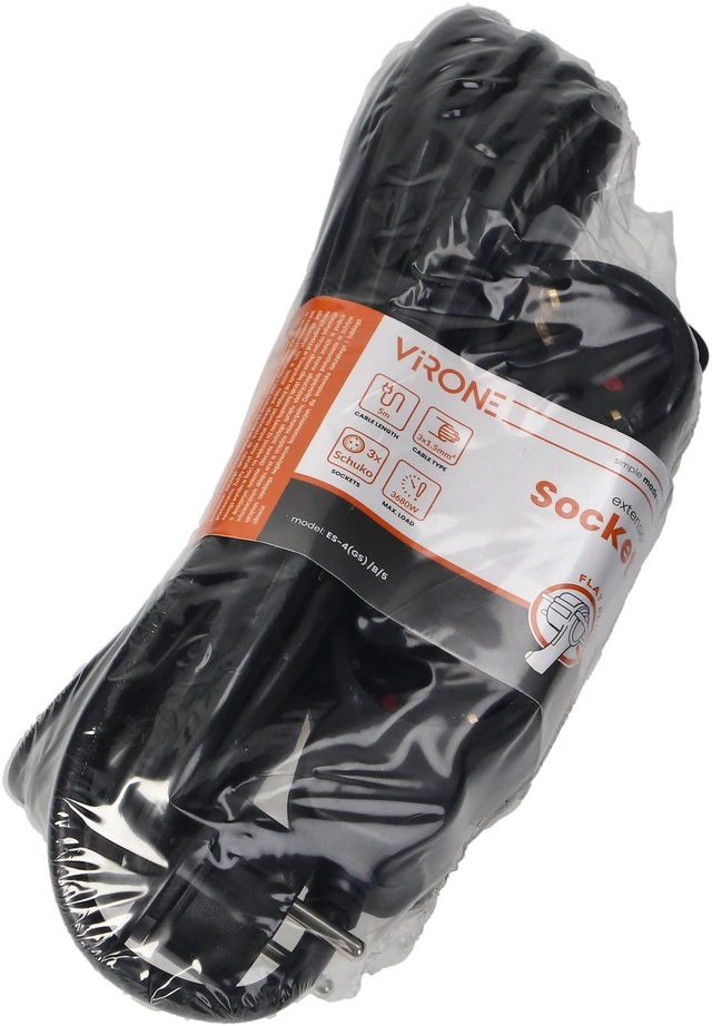 Orno Przedłużacz 3 krypčių prailgintuvas 2P+Z (Schuko), 5m H05VV-F 3x1.5mm2, Imax=16A, plokščias kištukas, juodas
