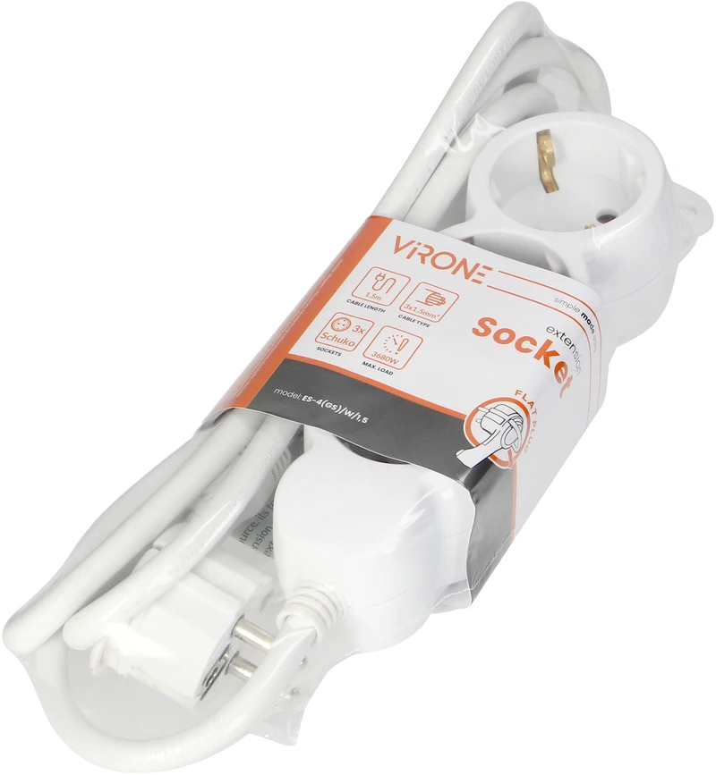 Orno Przedłużacz 3 krypčių prailgintuvas 2P+Z (Schuko), 1,5 m H05VV-F 3x1,5mm2, Imax=16A, plokščias kištukas, baltas