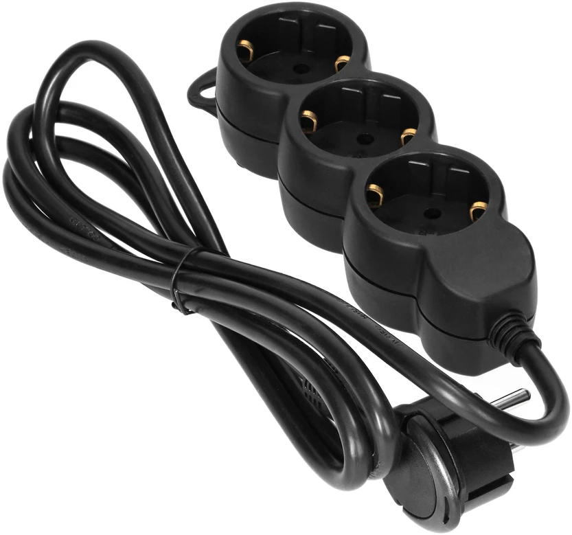 Orno Przedłużacz 3 krypčių prailgintuvas 2P+Z (Schuko), 5m H05VV-F 3x1.5mm2, Imax=16A, plokščias kištukas, juodas