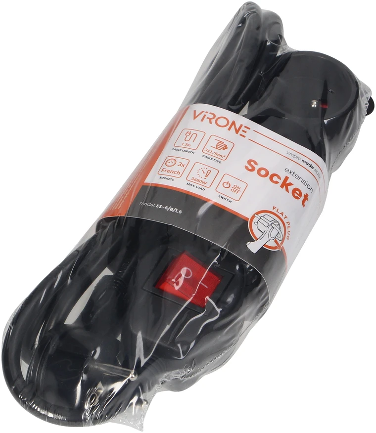 Orno partnertele Extension cord 5x2P+Z,ON/OFF,1,5m,3x1,5,juodas (ES-7/W/1,5)