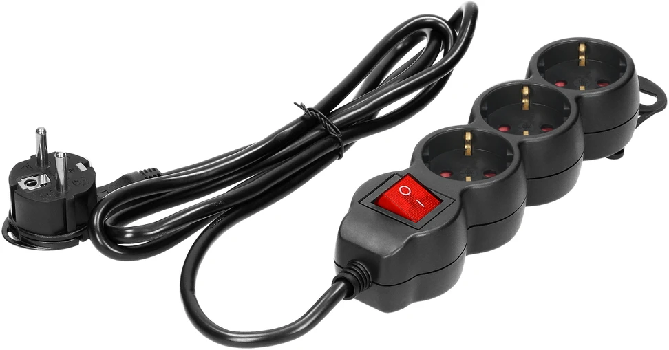 Orno Przedłużacz 3 krypčių prailgintuvas 2P+Z (Schuko), su jungikliu, 5m H05VV-F 3x1.5mm2, Imax=16A, plokščias kištukas, juodas