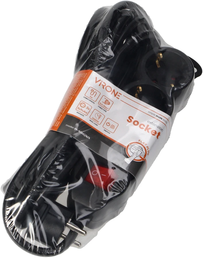 Orno Przedłużacz 3 krypčių prailgintuvas 2P+Z (Schuko), su jungikliu, 5m H05VV-F 3x1.5mm2, Imax=16A, plokščias kištukas, juodas
