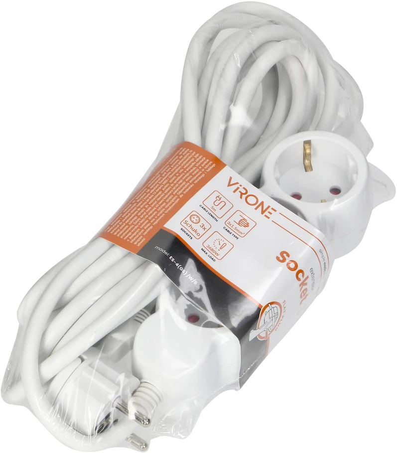Orno Przedłużacz 3 krypčių prailgintuvas 2P+Z (Schuko), 5m H05VV-F 3x1.5mm2, Imax=16A, plokščias kištukas, baltas
