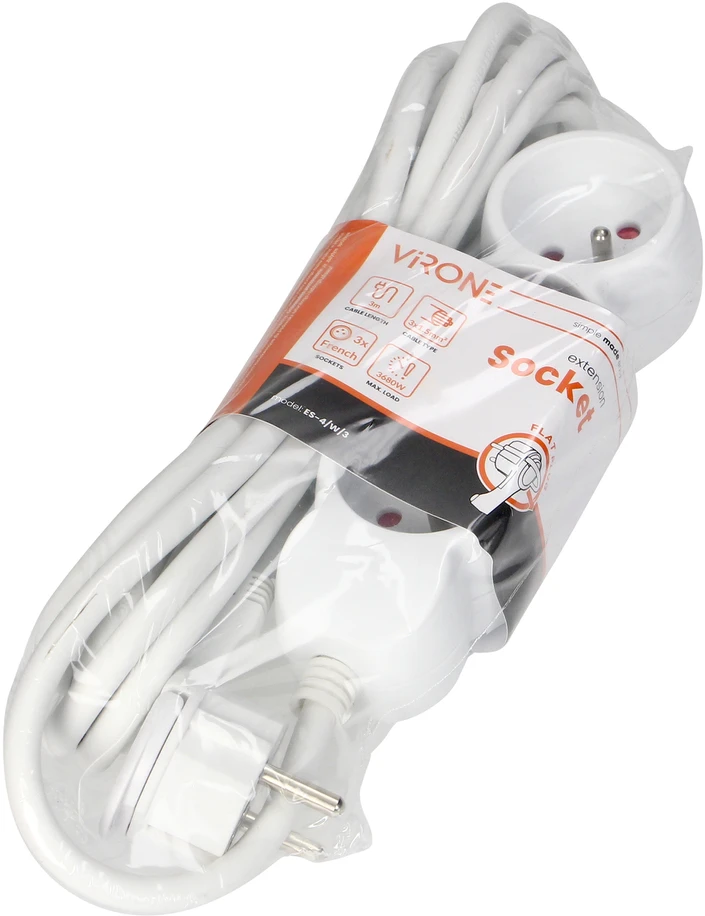 Orno Przedłużacz 3 krypčių prailgintuvas 2P+Z, 3m H05VV-F 3x1.5mm2, Imax=16A, plokščias kištukas, baltas
