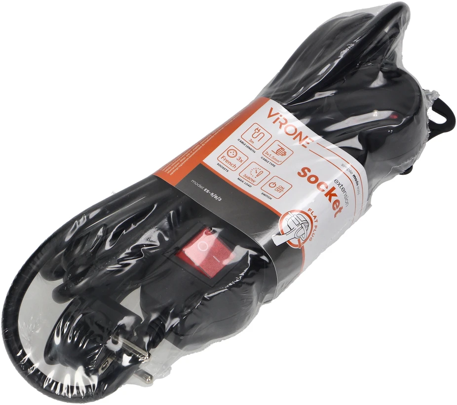 Orno Przedłużacz 3 krypčių prailgintuvas 2P+Z, su jungikliu, 3m H05VV-F 3x1.5mm2, Imax=16A, plokščias kištukas, juodas