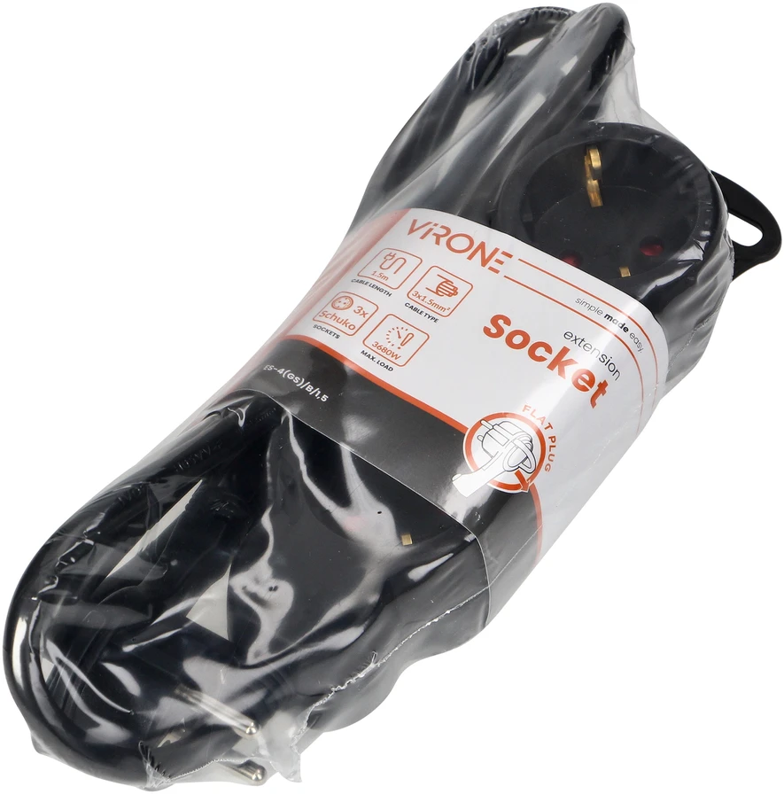 Orno Przedłużacz 3 krypčių prailgintuvas 2P+Z (Schuko), 1,5 m H05VV-F 3x1,5mm2, Imax=16A, plokščias kištukas, juodas