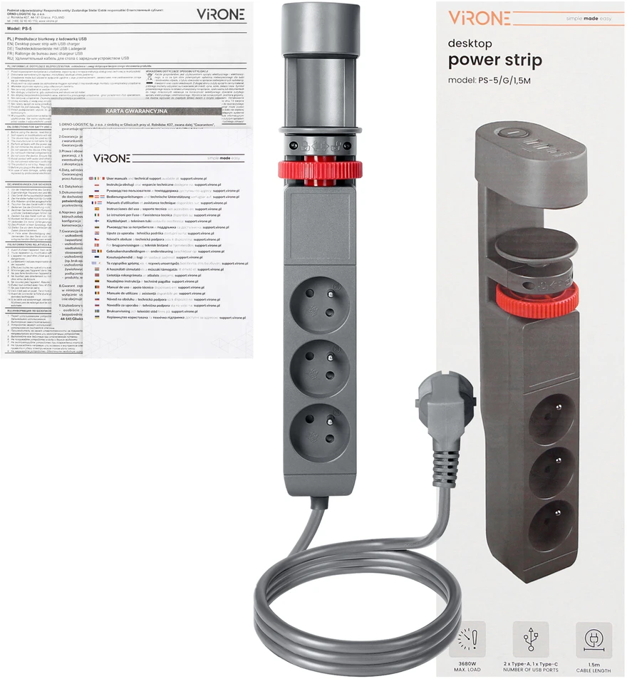 Orno Przedłużacz 3 krypčių stalo prailgintuvas 2P+Z, 1,5M H05VV-F 3x1,5mm², 2xUSB+1 C tipo