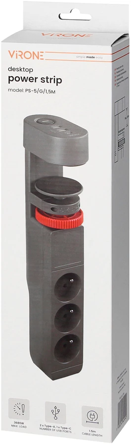 Orno Przedłużacz 3 krypčių stalo prailgintuvas 2P+Z, 1,5M H05VV-F 3x1,5mm², 2xUSB+1 C tipo