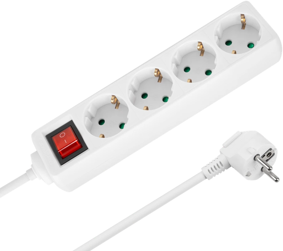 Przedłużacz Prailgintuvas, 4 lizdai, 2 m, vokiško tipo, su jungikliu (3x1,5 mm), Rebel baltas