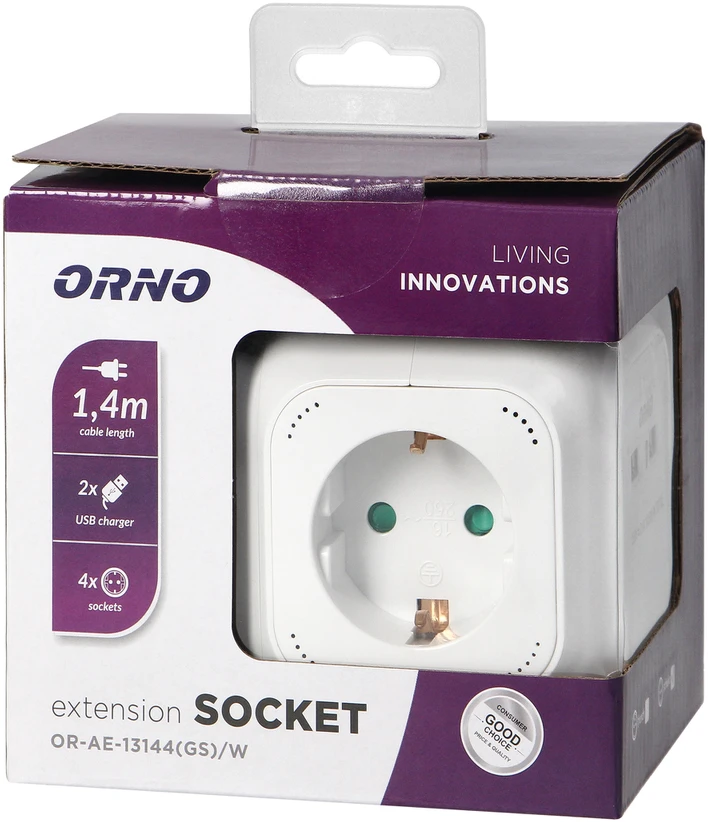 Orno Przedłużacz 4 krypčių prailgintuvas 2P+Z (Schuko), 2xUSB įkroviklis, 1,4 m H05VV-F 3x1,5mm2, baltas