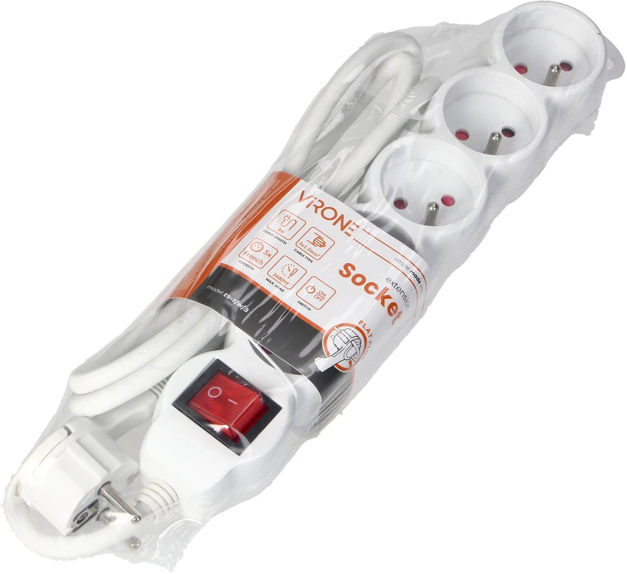 Orno Przedłużacz 5 kontaktų ilgintuvas 2P+Z, su jungikliu, 5m H05VV-F 3x1.5mm2, Imax=16A, plokščias kištukas, baltas