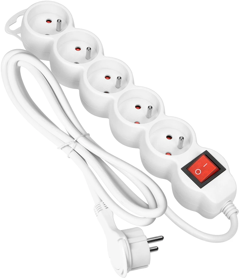 Orno Przedłużacz 5 kontaktų prailgintuvas 2P+Z, su jungikliu, 3m H05VV-F 3x1.5mm2, Imax=16A, plokščias kištukas, baltas