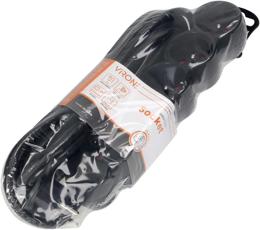 Orno Przedłużacz 5 kontaktų prailgintuvas 2P+Z, 5m H05VV-F 3x1.5mm2, Imax=16A, plokščias kištukas, juodas