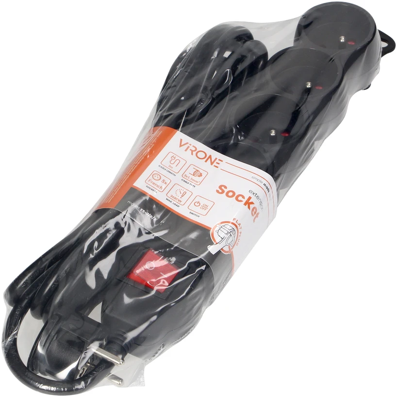Orno Przedłużacz 5 kontaktų prailgintuvas 2P+Z, su jungikliu, 3m H05VV-F 3x1.5mm2, Imax=16A, plokščias kištukas, juodas