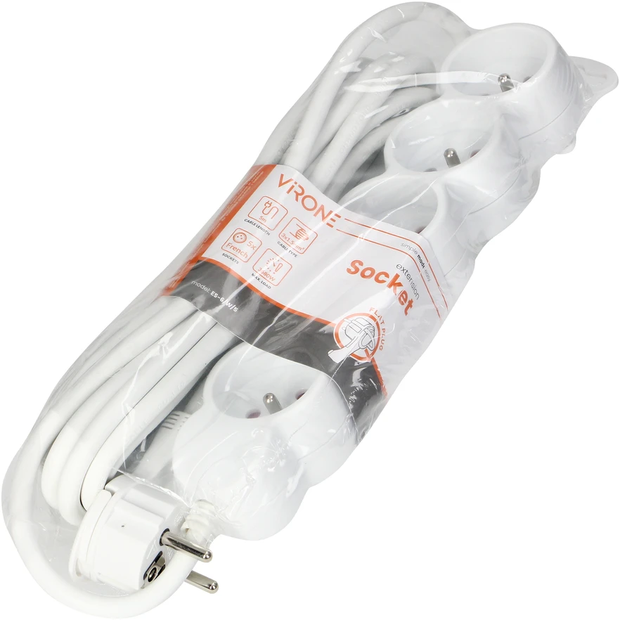 Orno Przedłużacz 5 kontaktų prailgintuvas 2P+Z, 5m H05VV-F 3x1.5mm2, Imax=16A, plokščias kištukas, baltas