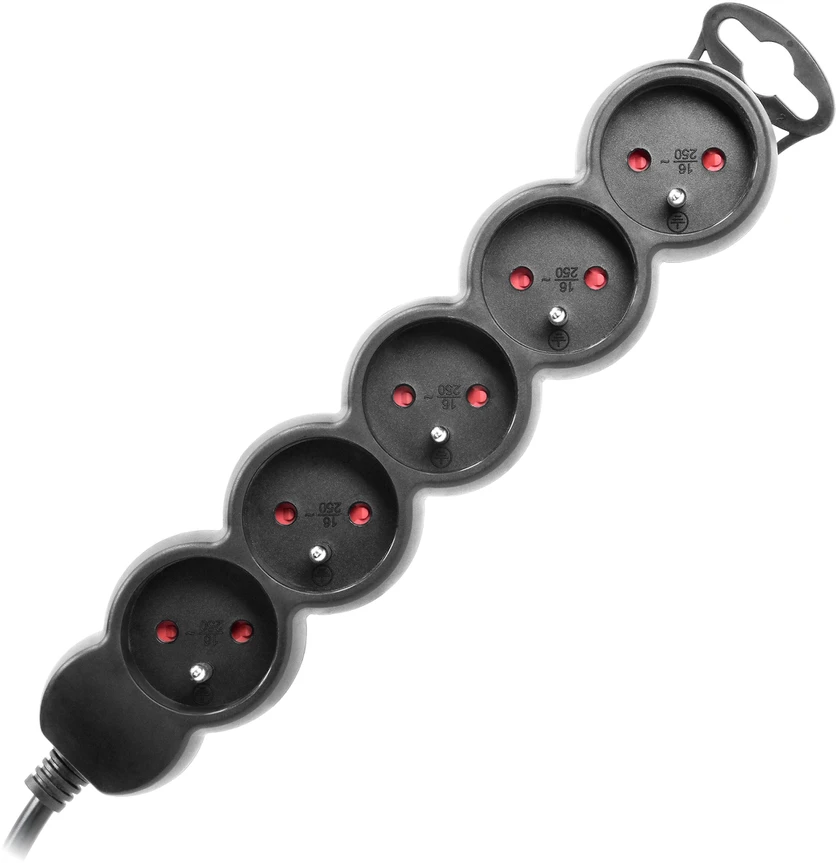 Orno Przedłużacz 5 kontaktų prailgintuvas 2P+Z, 5m H05VV-F 3x1.5mm2, Imax=16A, plokščias kištukas, juodas