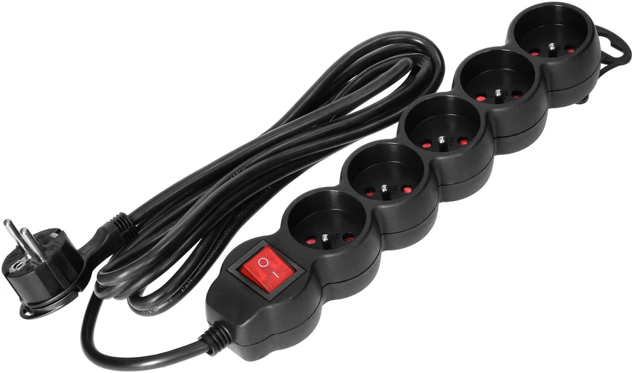 Orno Przedłużacz 5 kontaktų prailgintuvas 2P+Z, su jungikliu, 5m H05VV-F 3x1.5mm2, Imax=16A, plokščias kištukas, juodas