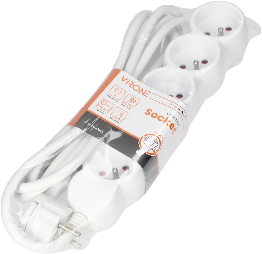 Orno Przedłużacz 5 kontaktų prailgintuvas 2P+Z, 3m H05VV-F 3x1.5mm2, Imax=16A, plokščias kištukas, baltas