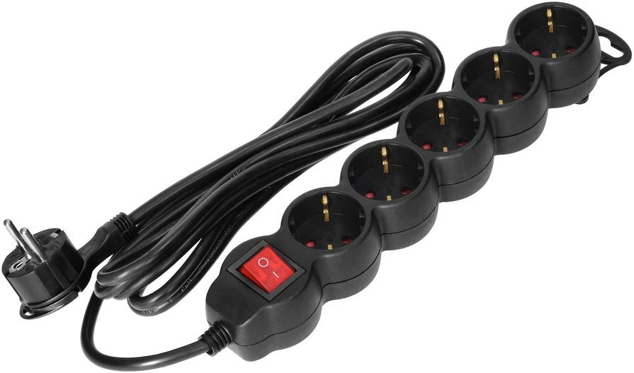 Orno Przedłużacz 5 kontaktų prailgintuvas 2P+Z (Schuko), su jungikliu, 5m H05VV-F 3x1.5mm2, Imax=16A, plokščias kištukas, juodas