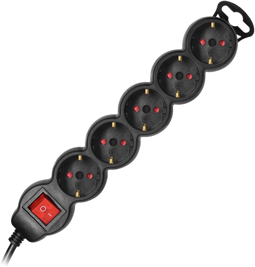 Orno Przedłużacz 5 kontaktų prailgintuvas 2P+Z (Schuko), su jungikliu, 5m H05VV-F 3x1.5mm2, Imax=16A, plokščias kištukas, juodas