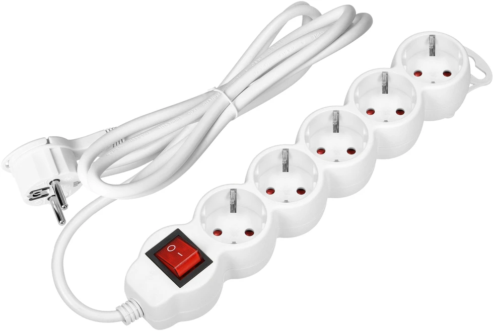 Orno Przedłużacz 5 kontaktų prailgintuvas 2P+Z (Schuko), su jungikliu, 5m H05VV-F 3x1.5mm2, Imax=16A, plokščias kištukas, baltas