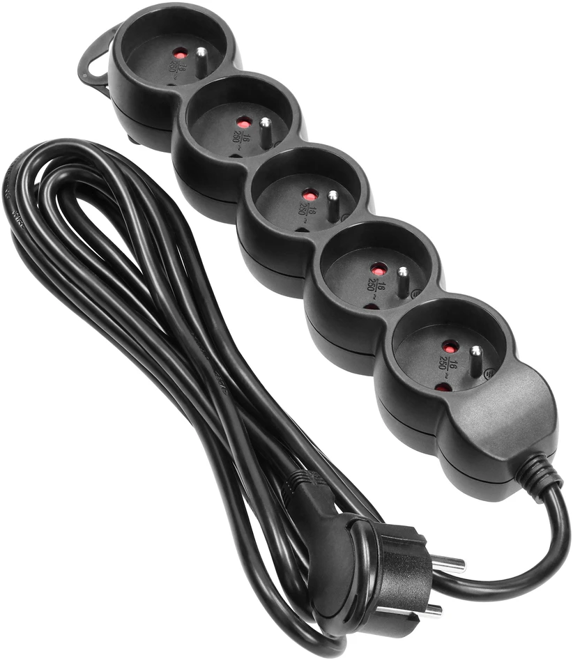 Orno Przedłużacz 5 kontaktų prailgintuvas 2P+Z, 3m H05VV-F 3x1.5mm2, Imax=16A, plokščias kištukas, juodas