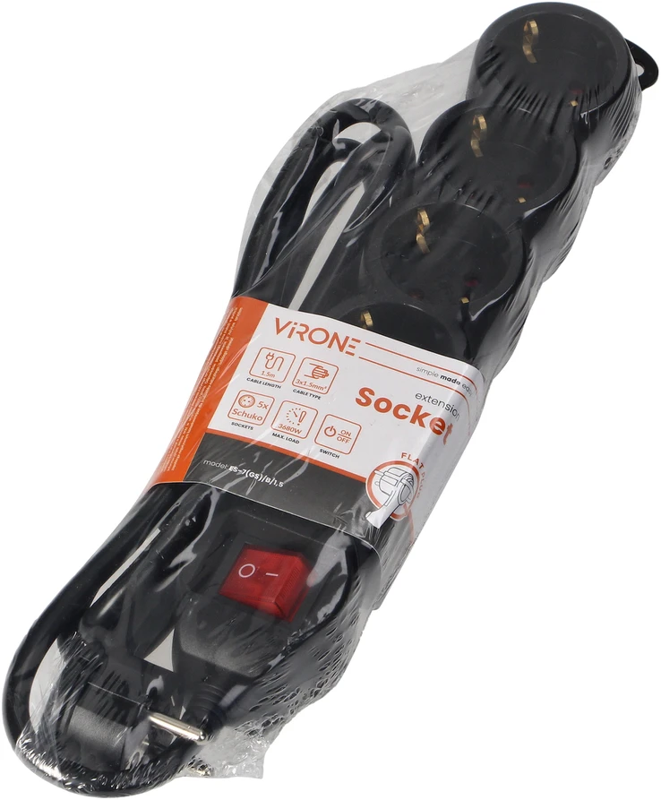 Orno Przedłużacz 5 kontaktų prailgintuvas 2P+Z (Schuko), su jungikliu, 5m H05VV-F 3x1.5mm2, Imax=16A, plokščias kištukas, juodas