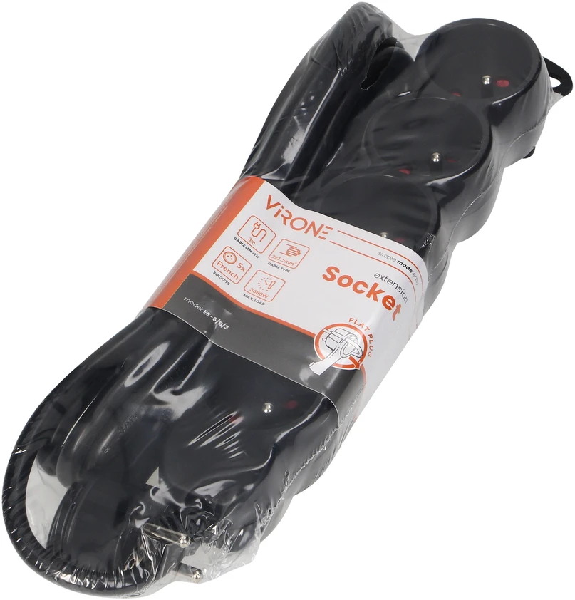 Orno Przedłużacz 5 kontaktų prailgintuvas 2P+Z, 3m H05VV-F 3x1.5mm2, Imax=16A, plokščias kištukas, juodas