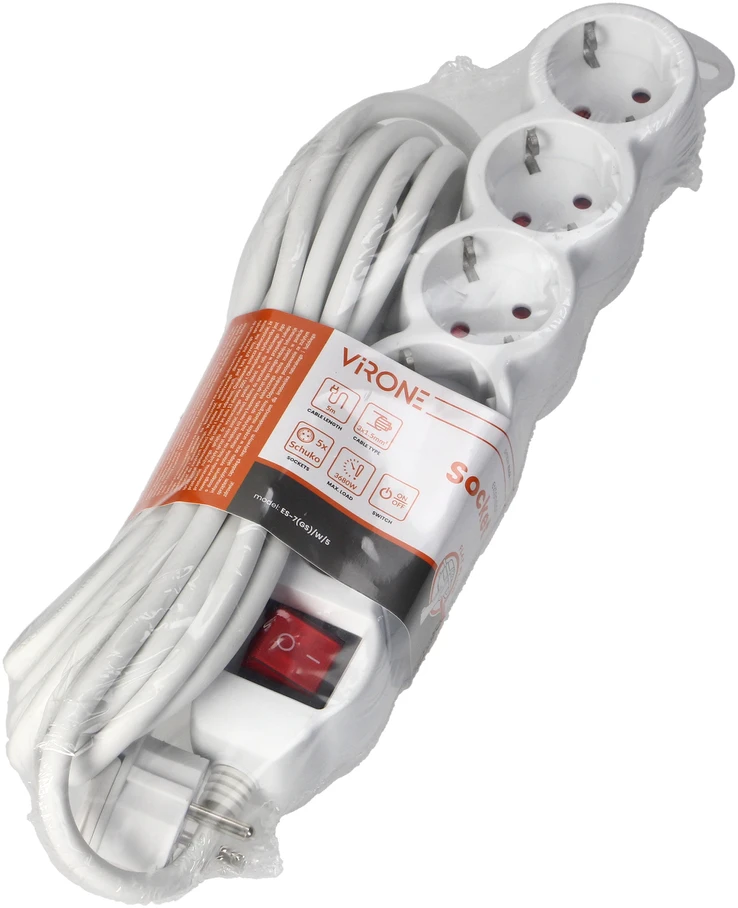 Orno Przedłużacz 5 kontaktų prailgintuvas 2P+Z (Schuko), su jungikliu, 5m H05VV-F 3x1.5mm2, Imax=16A, plokščias kištukas, baltas