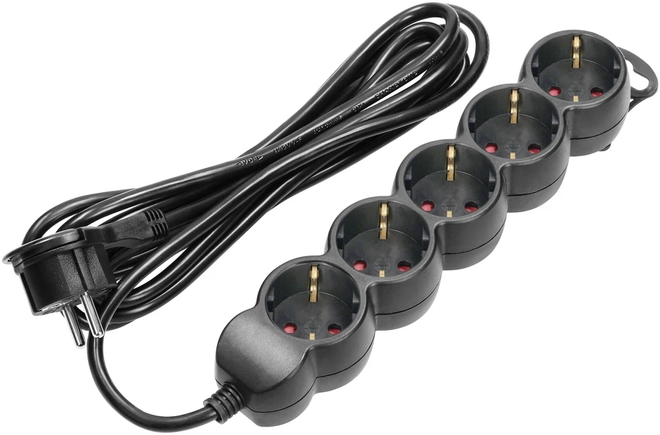 Orno Przedłużacz 5 kontaktų prailgintuvas 2P+Z (Schuko), 5m H05VV-F 3x1.5mm2, Imax=16A, plokščias kištukas, juodas